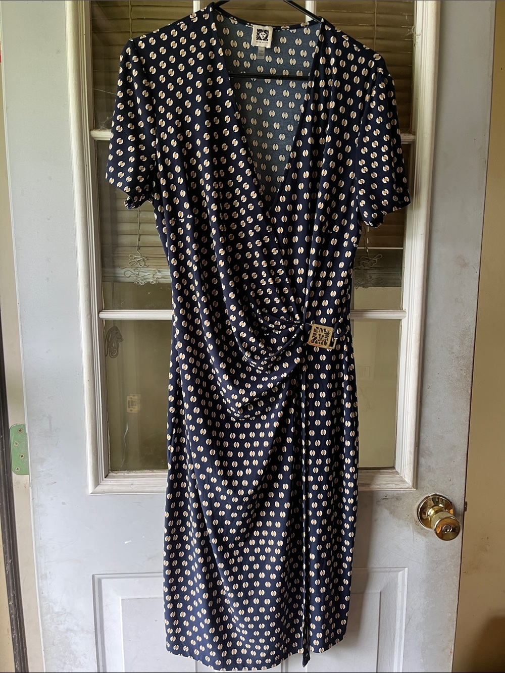 Anne Klein Navy Midi Wrap Dress with Cream Dot Motif and Side Buckle